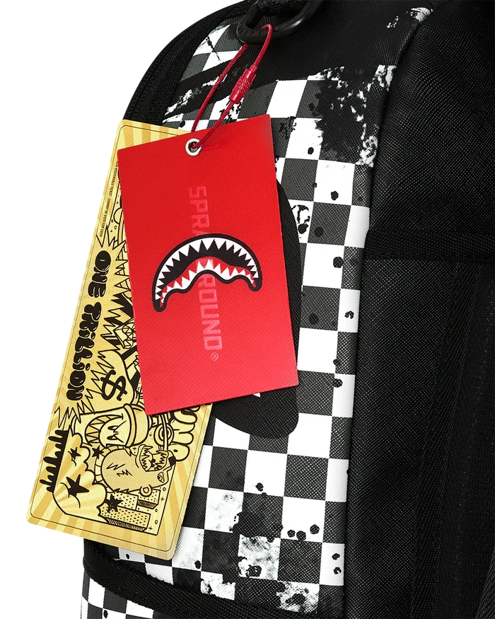 Sprayground Canvas Chaos backpack with bold, colorful design, featuring multiple compartments and adjustable straps.