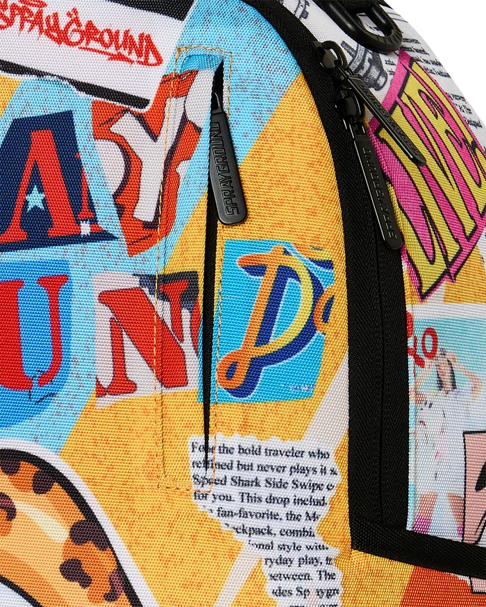 Sprayground Collage of Fun backpack featuring colorful graphic design, durable straps, and multiple compartments for accessories and essentials.
