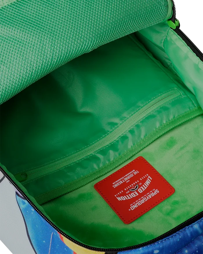 Sprayground Rick and Morty Split Rick Head Guts backpack featuring a colorful graphic design and adjustable shoulder straps.
