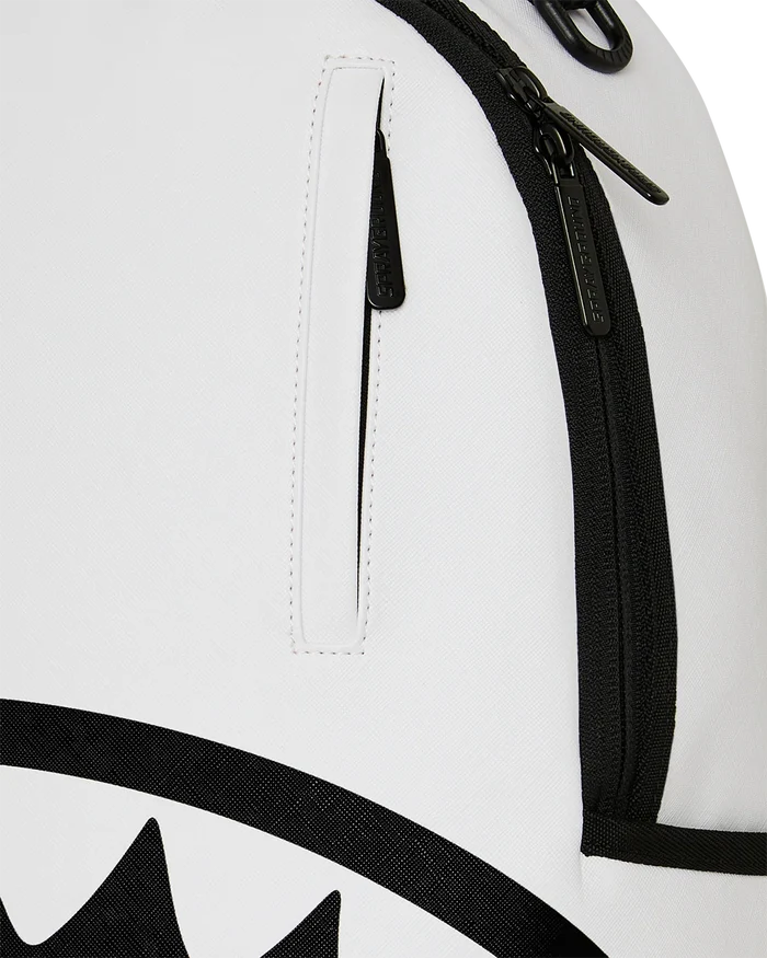 Sprayground Shark Central Bubble Shark White backpack with graphic design, featuring a white main body and shark-themed accessories.