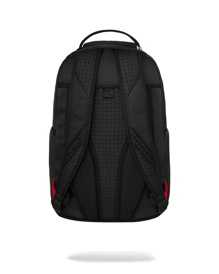 Sprayground Shark Central Ghost Mode backpack with shark graphic, black and white design, featuring multiple compartments and adjustable straps.