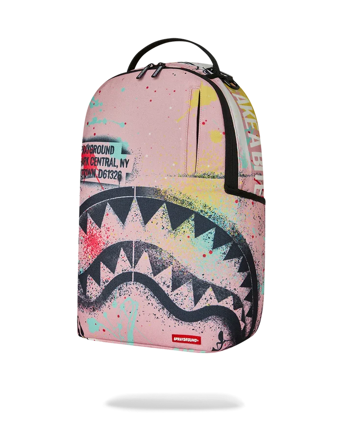 Sprayground Shark Central Stencil Lab backpack featuring a shark graphic design and multiple compartments.