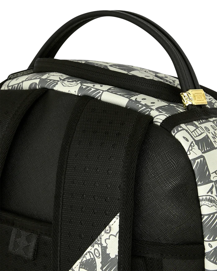 Sprayground Sharks in Paris Outlaws backpack featuring a colorful shark design and multiple compartments for accessories.