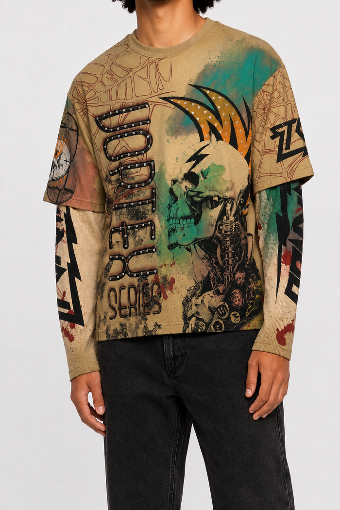 STORM88 HOKES Washed Long Sleeve Regular Graphic Fit Tee In Khaki ST8-020