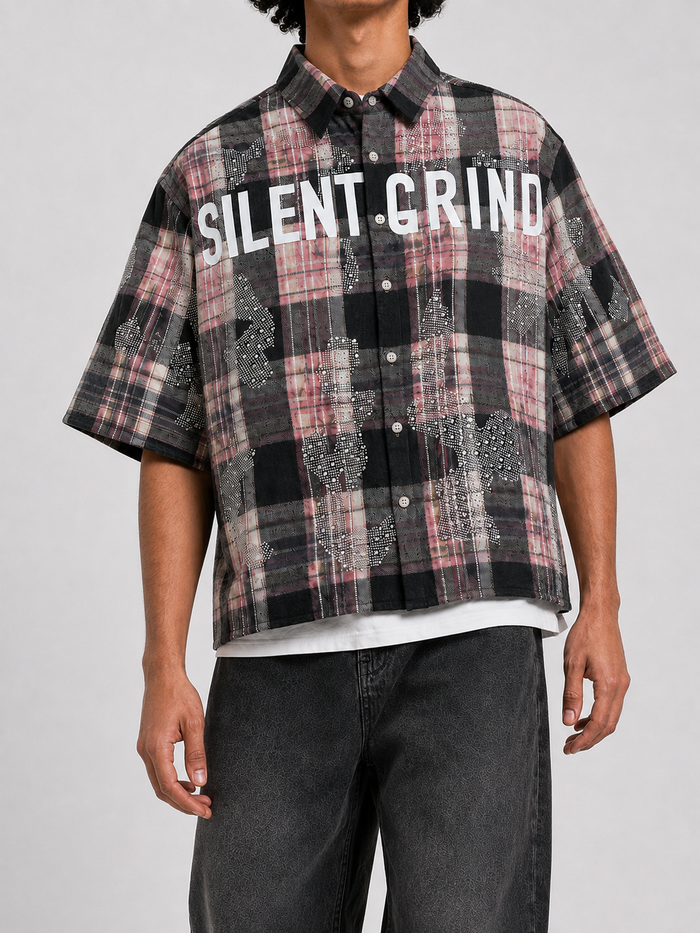 STORM88 SKIDOO Washed Flannel Crop Top Button Down Shirt In Black ST8-004