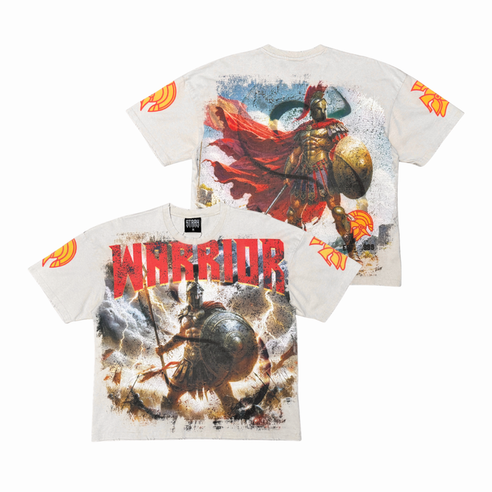 Stray Warrior cropped T-shirt in sandy beige color, casual fit, with a crew neckline and short sleeves.