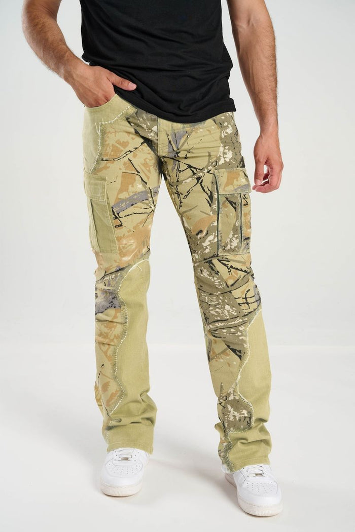 Taker Camo Cut Sew Cargo Stack Denim in gray camo, stacked denim style with cargo pockets and distressed details.