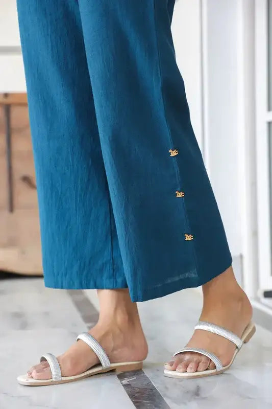 Teal Blue Horse Embroidered Cotton Flex Co-ord Set