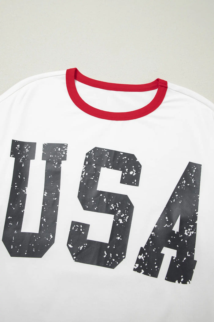 USA Letter Printed Varsity Striped Sleeve Round Neck Tee – White