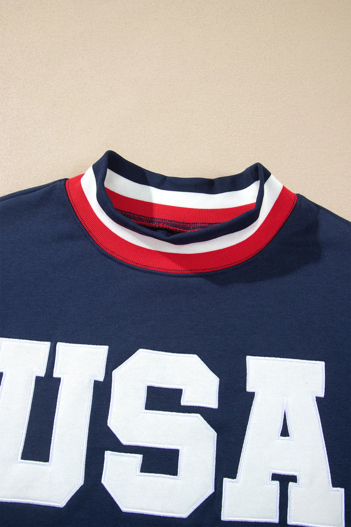 USA Slogan Patch Embroidery Colorblock High Neck Long Sleeve Sweatshirt – Dirty Blue