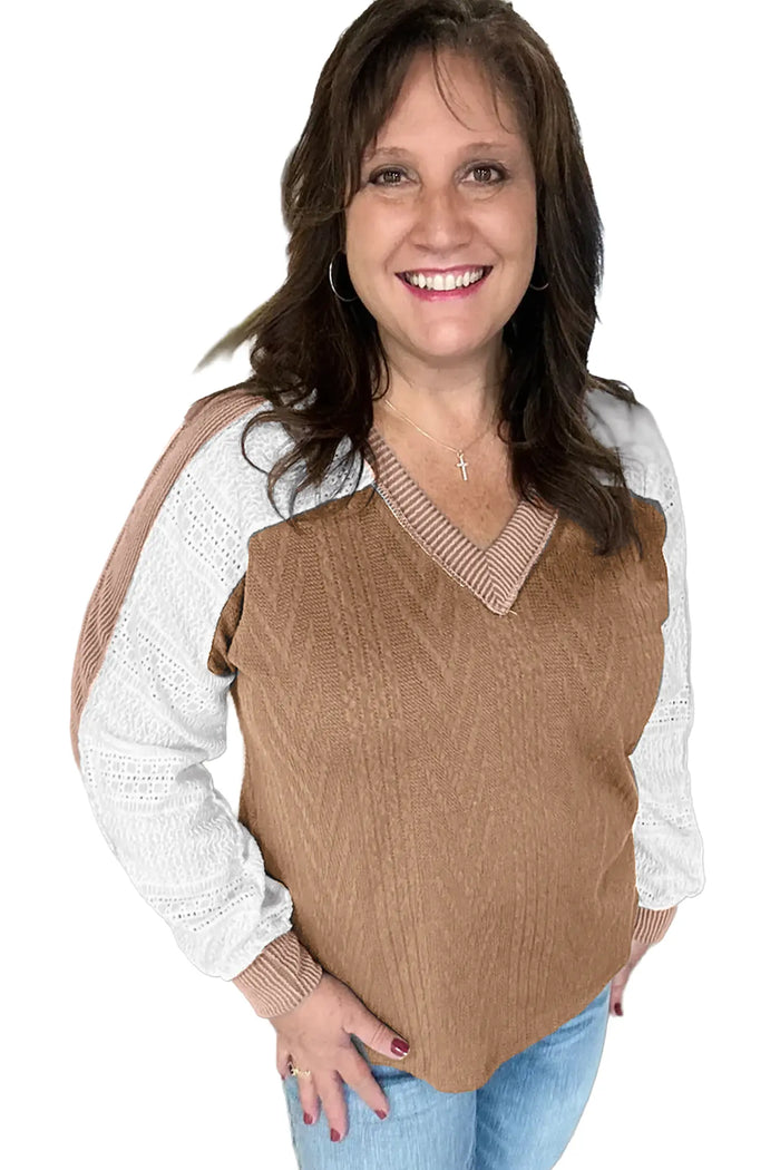 V Neck Lace Sleeve Patchwork Plus Size Blouse – Coffee