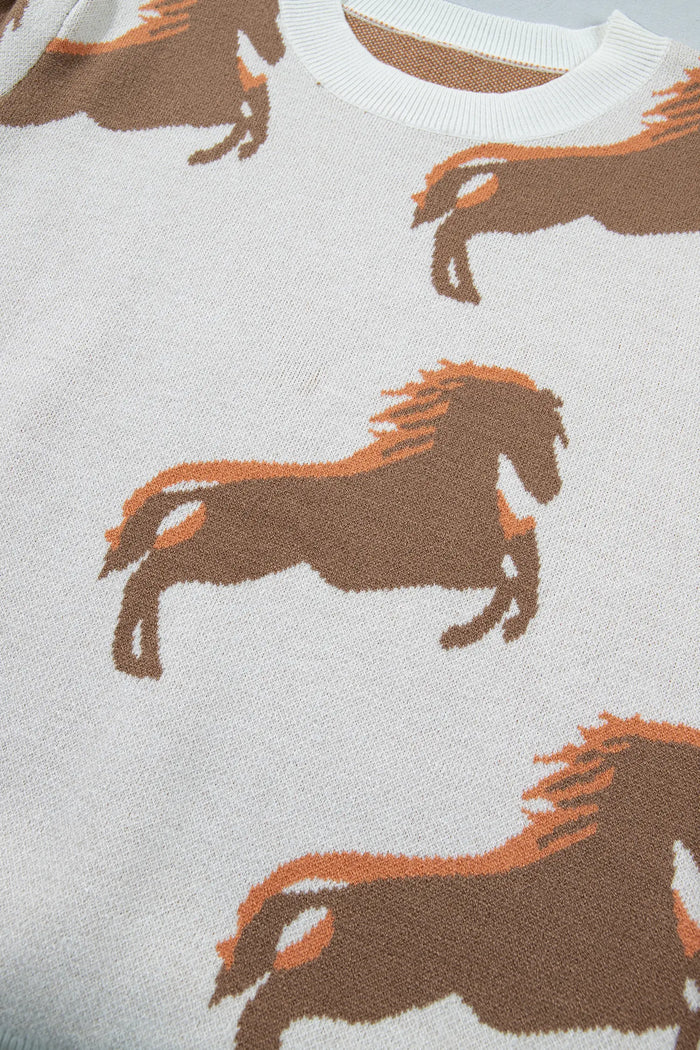 Western Horse Printed Short Puff Sleeve Sweater – White