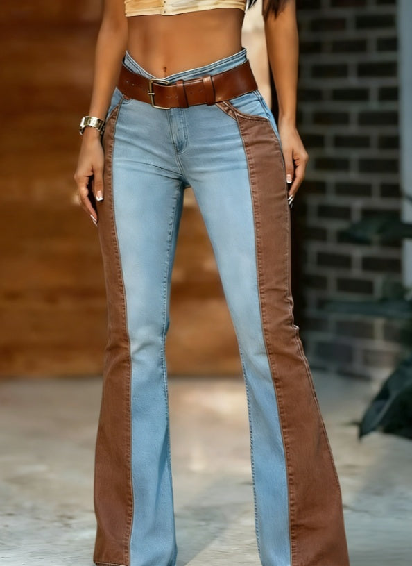 Retro flared denim women premium texture close up stitching