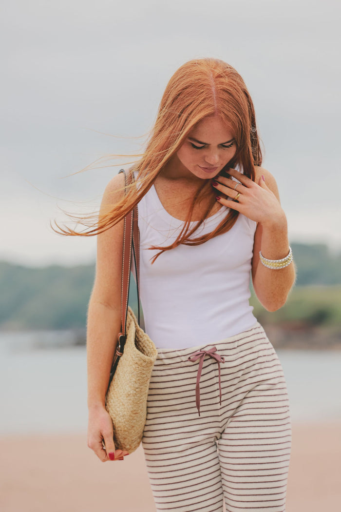 Womens Striped Towelling Wide Leg Jogging Bottoms | Chocolate & Cream