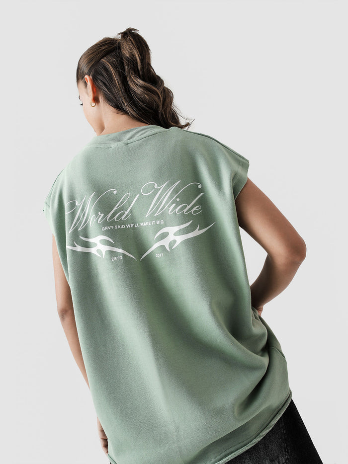 WORLDWIDE mint green sando flat lay mint green sleeveless graphic Pakistan – GROOVY