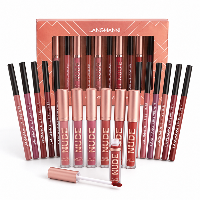Long-lasting lipstick set with six matte lip colors and six defining liner pens for office makeup, dates, parties and gifting