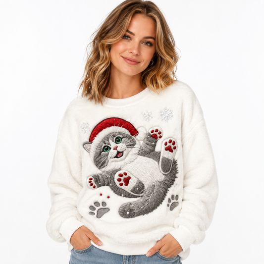 Ivory Santa Paws Christmas sweater - lifestyle model view on white background