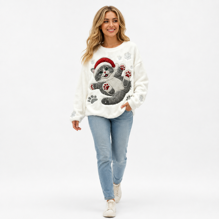 Ivory Santa Paws Christmas sweater - full length walking model view