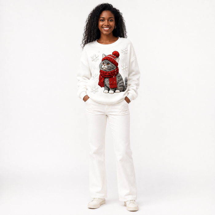 Women's 3D Christmas sweater with cat in red scarf - front model view