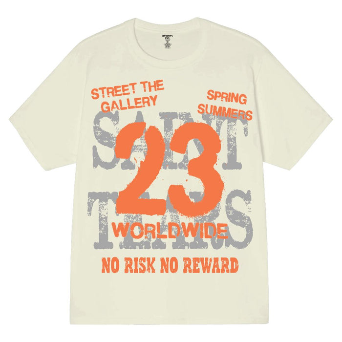 Natural 3Forty Inc. '23' T-shirt in beige, soft cotton tee with printed logo design, casual fit, front view.