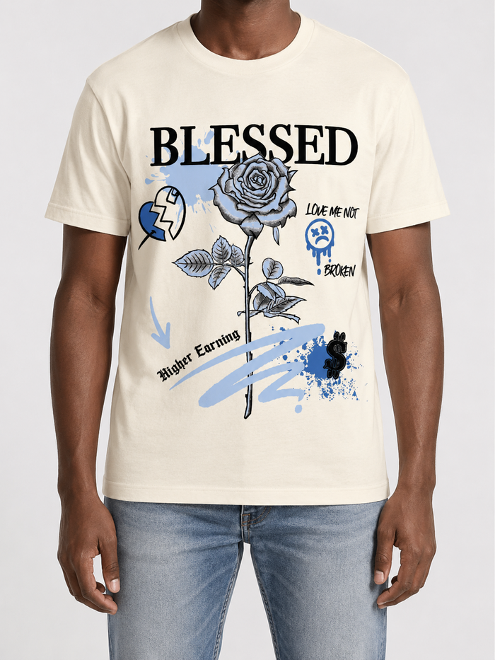 Beige 3Forty Inc. Blessed Rose T-shirt featuring a floral graphic and casual fit, perfect for everyday wear.
