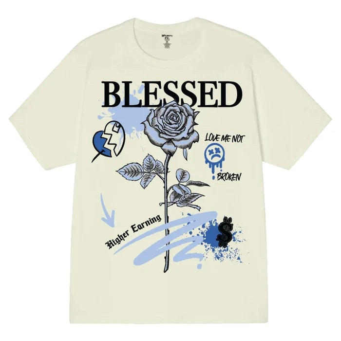 Beige 3Forty Inc. 'Blessed Rose' T-shirt with floral design, casual tee for men and women, soft fabric and comfortable fit