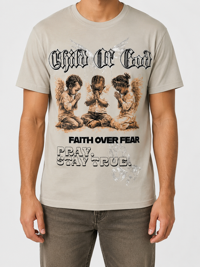 Beige 3Forty Inc. Child Of God T-Shirt featuring printed text, casual fit, and soft fabric, perfect for everyday wear.