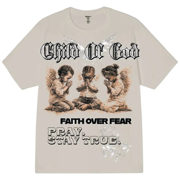 Beige 3Forty Inc. 'Child Of God' T-shirt featuring printed design, casual fit, soft fabric, and short sleeves.