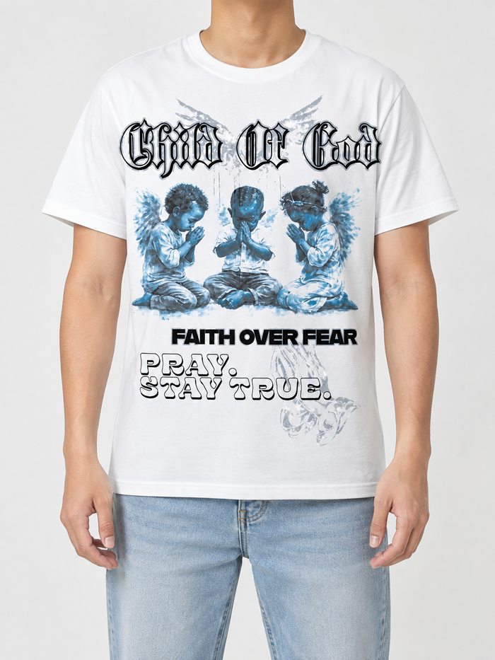 White 'Child Of God' T-shirt by 3Forty Inc. displayed on a hanger, featuring a simple, clean design with the brand logo.