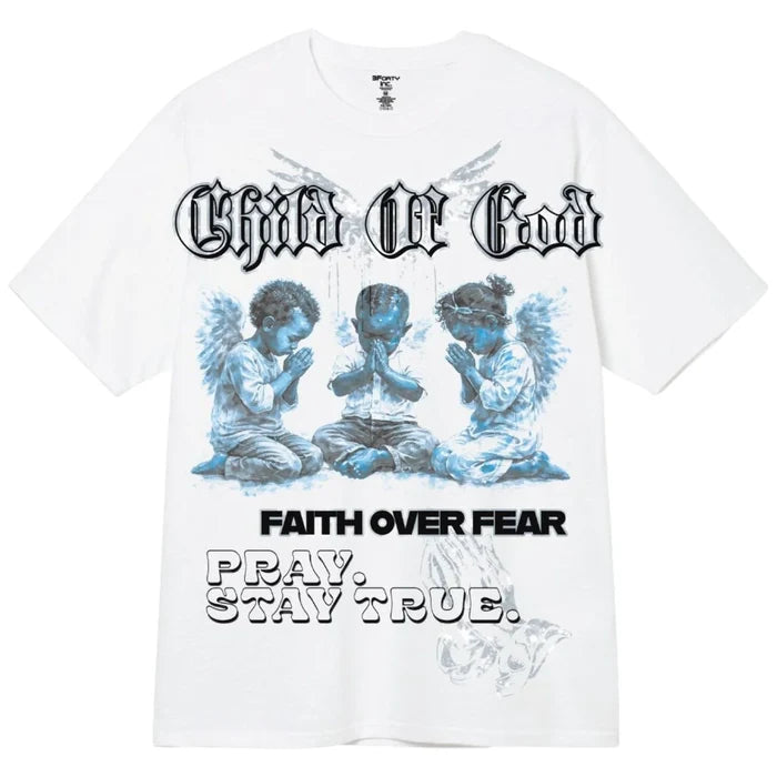 White 3Forty Inc. Child Of God T-shirt featuring printed text design, casual short-sleeve tee for everyday wear.