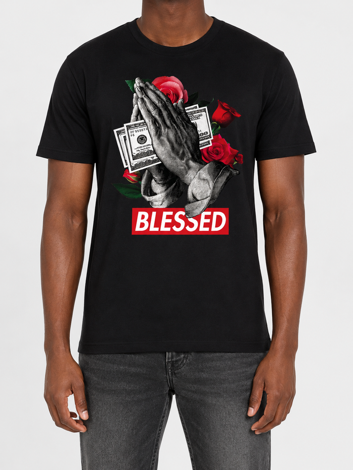 Black 3Forty Inc. Praying Blessed T-shirt featuring a prayer design on the front, casual fit, and comfortable fabric.