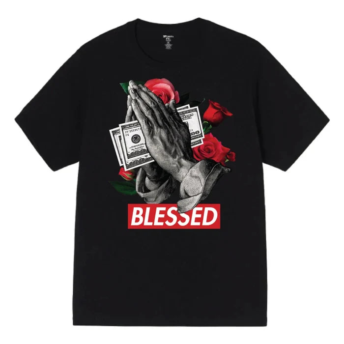 Black 3Forty Inc. 'Praying Blessed' T-shirt with graphic design, casual fit, and crew neckline, showcasing religious-inspired artwork.