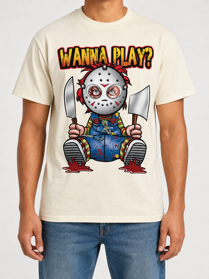 Beige 3Forty Inc. 'Wanna Play' T-shirt with graphic print, casual crewneck style, displayed on a hanger.