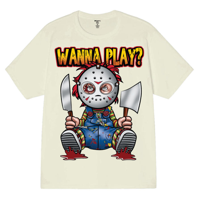 Beige 3Forty Inc. 'Wanna Play' T-shirt with graphic print, casual crew neck tee for men or women.