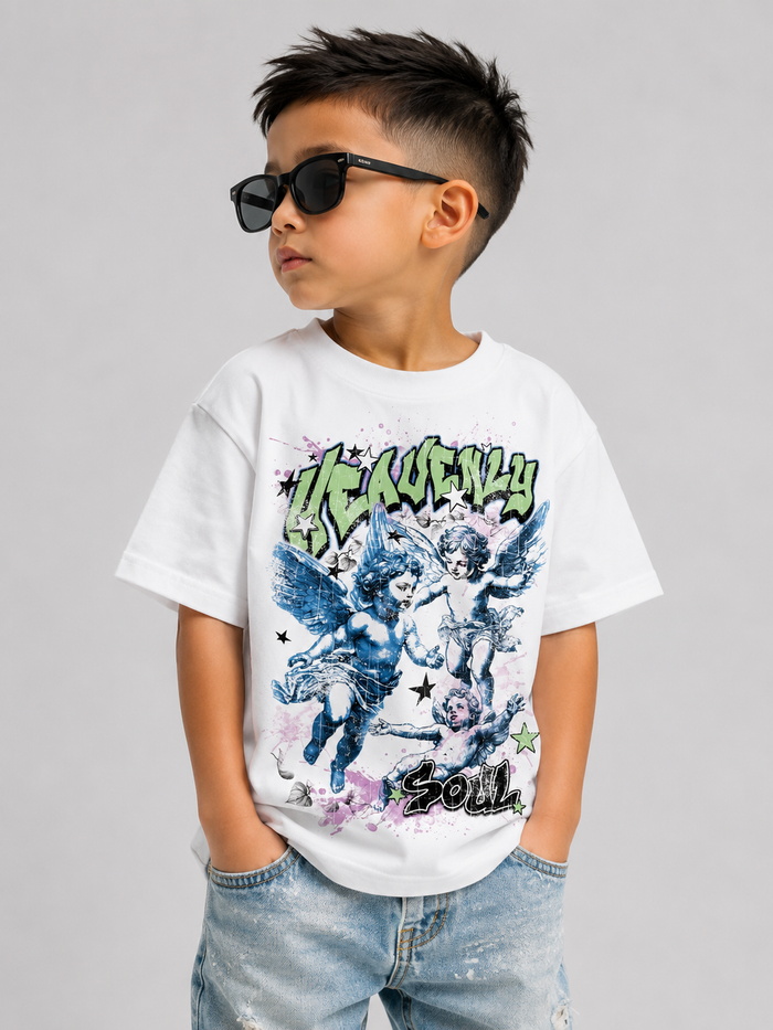 White 3FORTY Kids Heavenly Soul T-Shirt showing a colorful graphic design on the front for children’s casual wear.