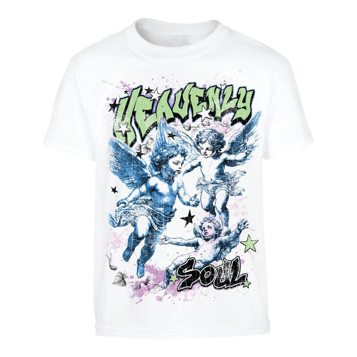 Kids' white T-shirt by 3FORTY KIDS featuring a colorful Heavenly Soul graphic print.