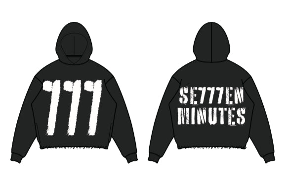 Black and white 7 Minutes 7M ‘777’ heavyweight cropped hoodie, casual streetwear style with a relaxed fit.