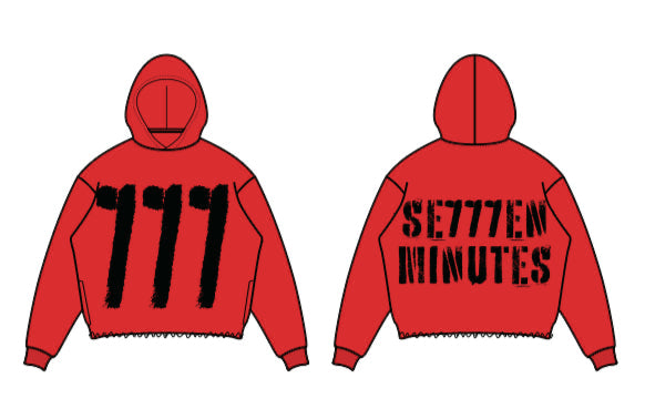 Red and black 7 Minutes 7M ‘777’ heavyweight cropped hoodie, casual hoodie with front pocket and hood, stylish and comfortable.