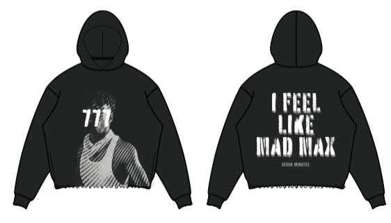 Black 7 Minutes Mad Max heavyweight cropped hoodie with long sleeves and a relaxed fit, showcasing a bold graphic design.