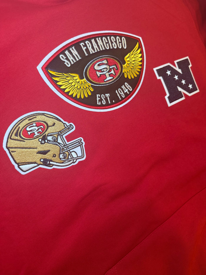 Red Pro Standard San Francisco 49ers hoodie with 'Born For Sport' logo, featuring a front view of the hoodie on a hanger.