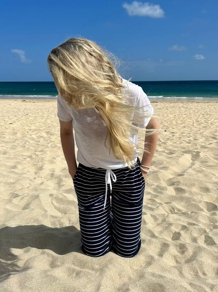 striped navy and white towelling trousers