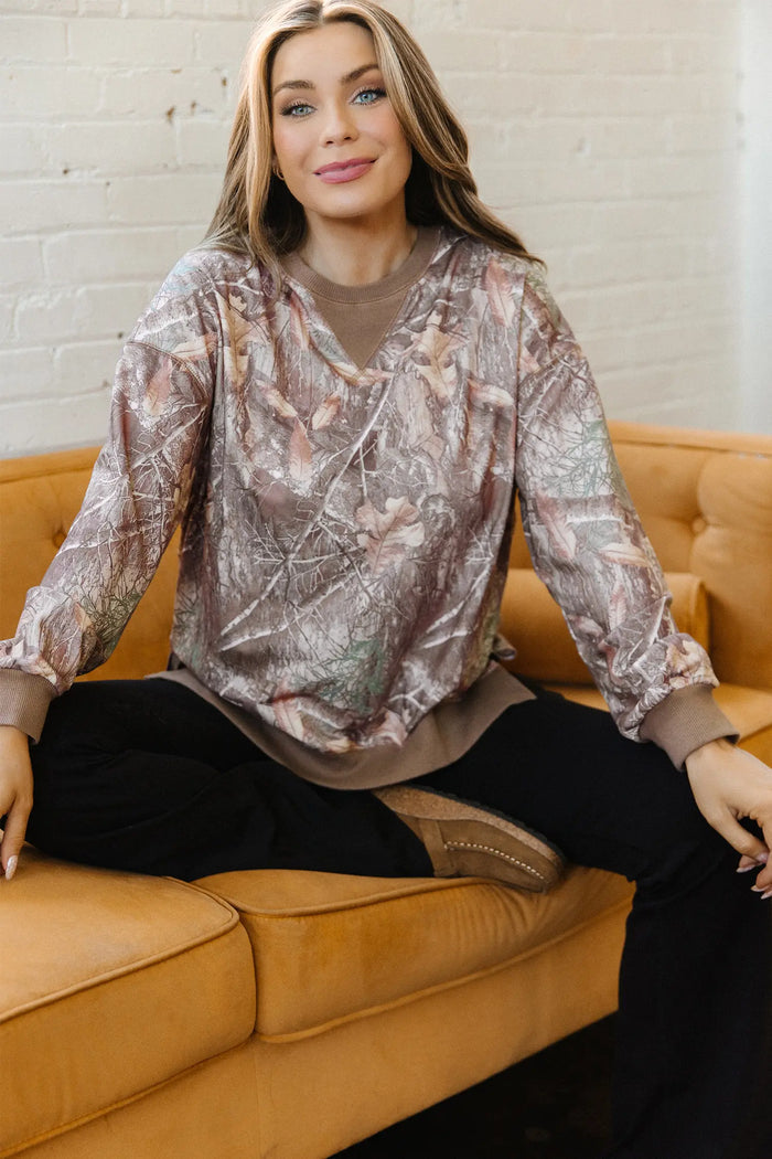 Abstract Camo Print Color Block Detail Baggy Pullover Sweatshirt – Brown