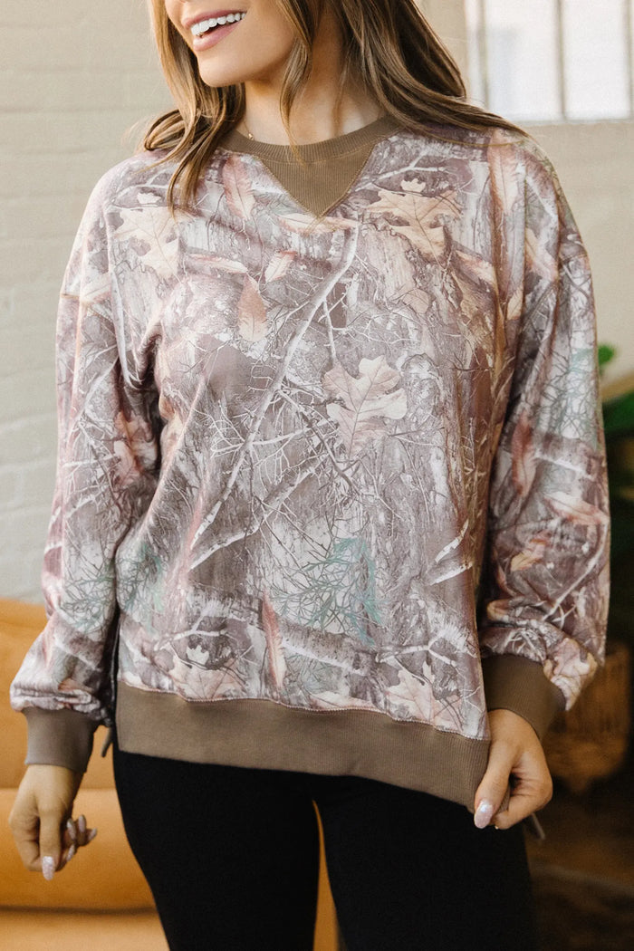 Abstract Camo Print Color Block Detail Baggy Pullover Sweatshirt – Brown