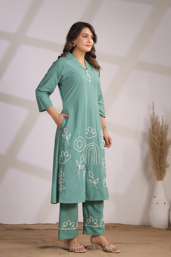 Abstract Embroidery Green Cotton Co-ord Set