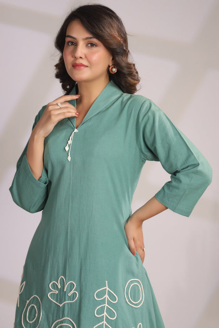 Abstract Embroidery Green Cotton Co-ord Set