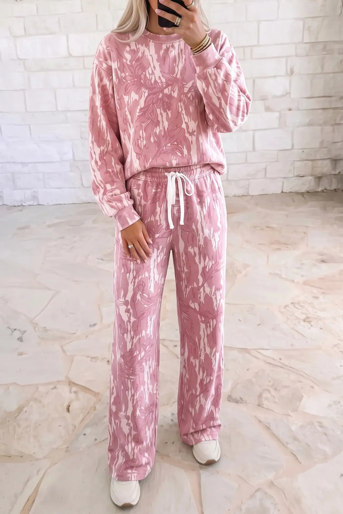 Abstract Floral Print Loose Pullover Drawstring Pants 2pcs Set – Multicolour