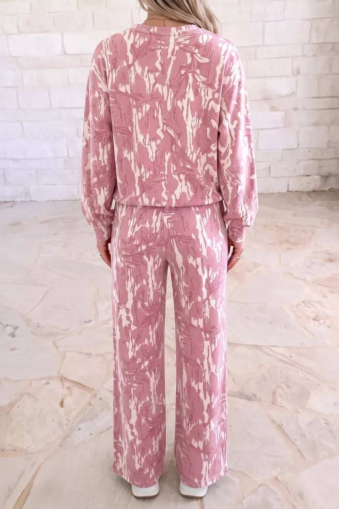 Abstract Floral Print Loose Pullover Drawstring Pants 2pcs Set – Multicolour
