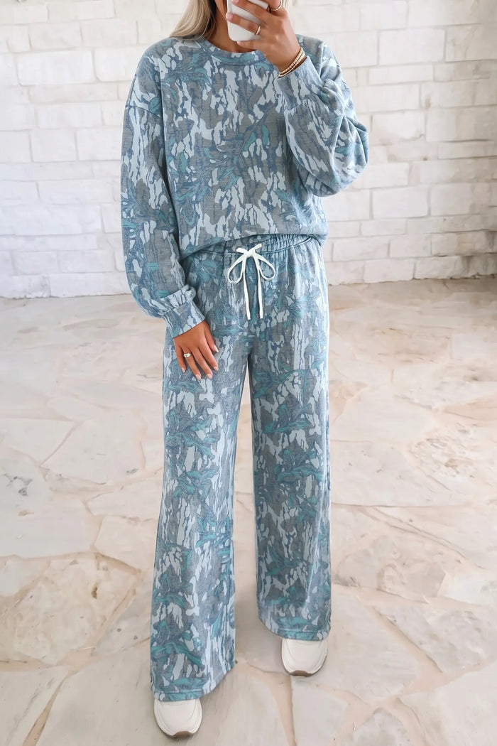 Abstract Floral Print Loose Pullover Drawstring Pants 2pcs Set – Multicolour