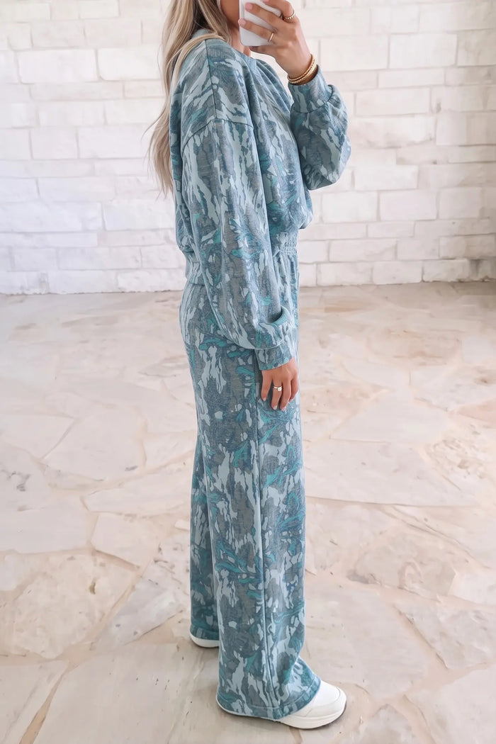 Abstract Floral Print Loose Pullover Drawstring Pants 2pcs Set – Multicolour