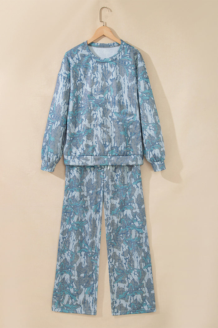 Abstract Floral Print Loose Pullover Drawstring Pants 2pcs Set – Multicolour